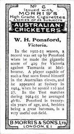 1925 Morris's Australian Cricketers #6 Bill Ponsford Back
