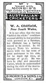 1925 Morris's Australian Cricketers #7 Bert Oldfield Back