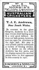 1925 Morris's Australian Cricketers #8 Tommy Andrews Back