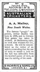 1925 Morris's Australian Cricketers #9 Arthur Mailey Back