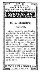 1925 Morris's Australian Cricketers #11 Hunter Hendry Back
