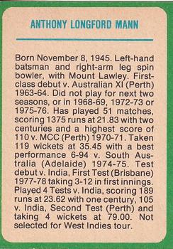 1978 Scanlens Cricket #20 Tony Mann Back