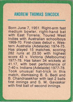 1978 Scanlens Cricket #37 Andrew Sincock Back