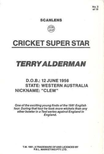 1981 Scanlens Cricket Super Star #2 Terry Alderman Back
