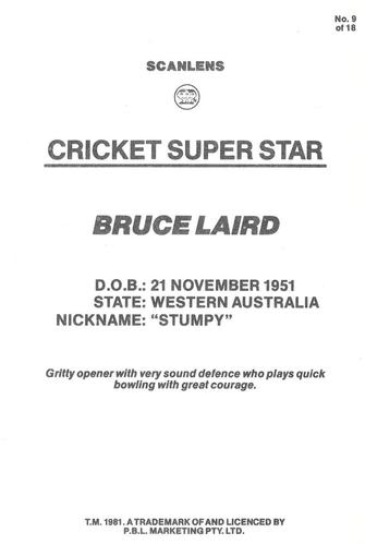 1981 Scanlens Cricket Super Star #9 Bruce Laird Back
