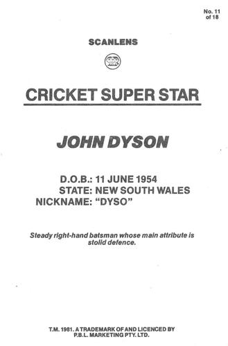 1981 Scanlens Cricket Super Star #11 John Dyson Back