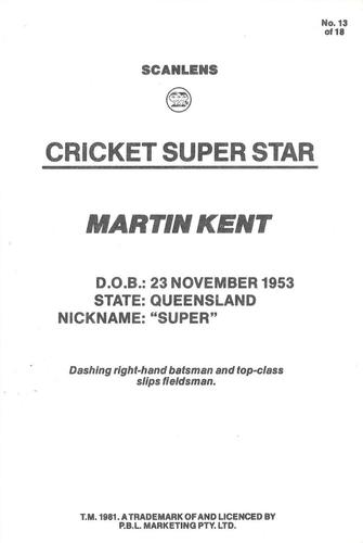 1981 Scanlens Cricket Super Star #13 Martin Kent Back