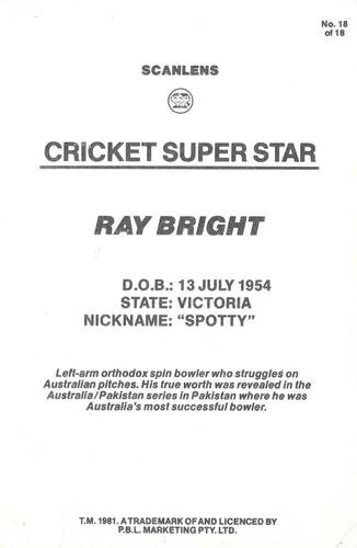 1981 Scanlens Cricket Super Star #18 Ray Bright Back