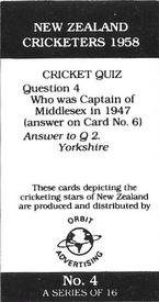 1988 Orbit Advertising New Zealand Cricketers 1958 #4 Noel Harford Back