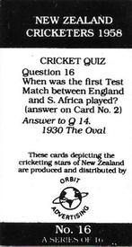1988 Orbit Advertising New Zealand Cricketers 1958 #16 Laurie Miller Back
