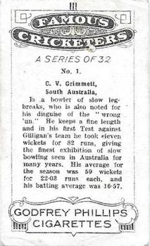 1926 Godfrey Phillips Famous Cricketers #1 Clarrie Grimmett Back