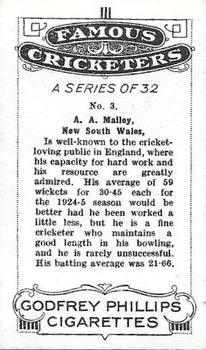 1926 Godfrey Phillips Famous Cricketers #3 Arthur Mailey Back