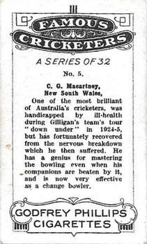 1926 Godfrey Phillips Famous Cricketers #5 Charlie Macartney Back
