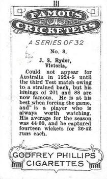 1926 Godfrey Phillips Famous Cricketers #8 Jack Ryder Back