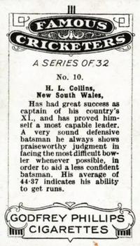 1926 Godfrey Phillips Famous Cricketers #10 Herbie Collins Back