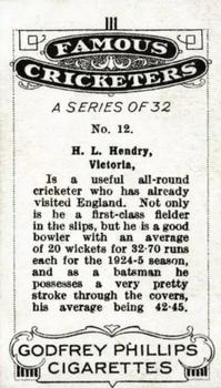 1926 Godfrey Phillips Famous Cricketers #12 Hunter Hendry Back
