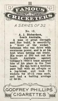 1926 Godfrey Phillips Famous Cricketers #13 Arthur Richardson Back
