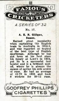 1926 Godfrey Phillips Famous Cricketers #17 Arthur Gilligan Back