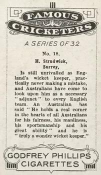 1926 Godfrey Phillips Famous Cricketers #18 Herbert Strudwick Back