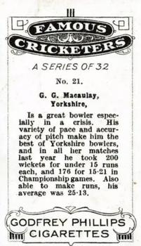 1926 Godfrey Phillips Famous Cricketers #21 George Macaulay Back