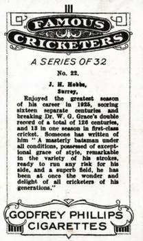 1926 Godfrey Phillips Famous Cricketers #22 Jack Hobbs Back