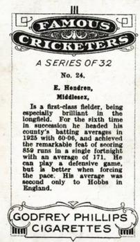 1926 Godfrey Phillips Famous Cricketers #24 Patsy Hendren Back