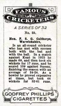 1926 Godfrey Phillips Famous Cricketers #25 Freddie Calthorpe Back