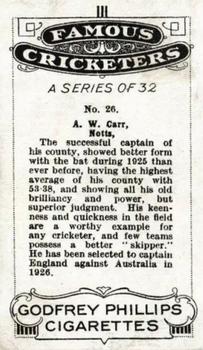 1926 Godfrey Phillips Famous Cricketers #26 Arthur Carr Back