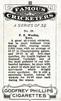 1926 Godfrey Phillips Famous Cricketers #28 Frank Woolley Back