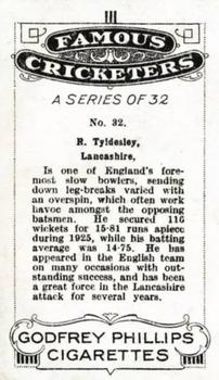 1926 Godfrey Phillips Famous Cricketers #32 Dick Tyldesley Back