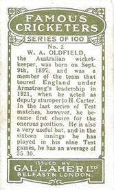 1926 Gallaher Cigarettes Famous Cricketers #2 Bert Oldfield Back