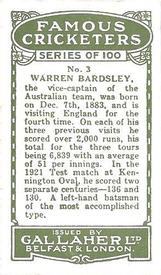 1926 Gallaher Cigarettes Famous Cricketers #3 Warren Bardsley Back