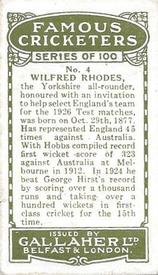 1926 Gallaher Cigarettes Famous Cricketers #4 Wilfred Rhodes Back
