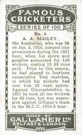 1926 Gallaher Cigarettes Famous Cricketers #8 Arthur Mailey Back