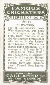 1926 Gallaher Cigarettes Famous Cricketers #14 Frank Watson Back