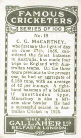 1926 Gallaher Cigarettes Famous Cricketers #19 Charlie Macartney Back