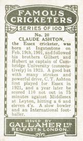 1926 Gallaher Cigarettes Famous Cricketers #20 Claude Ashton Back
