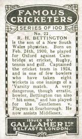 1926 Gallaher Cigarettes Famous Cricketers #22 Reg Bettington Back