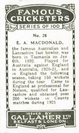 1926 Gallaher Cigarettes Famous Cricketers #26 Ted McDonald Back
