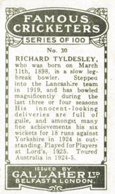 1926 Gallaher Cigarettes Famous Cricketers #30 Dick Tyldesley Back