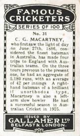 1926 Gallaher Cigarettes Famous Cricketers #31 Charlie Macartney Back