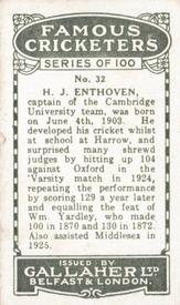 1926 Gallaher Cigarettes Famous Cricketers #32 Tom Enthoven Back