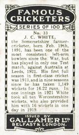 1926 Gallaher Cigarettes Famous Cricketers #33 Jack White Back