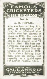 1926 Gallaher Cigarettes Famous Cricketers #44 Augustus Hipkin Back