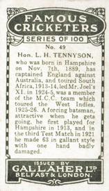 1926 Gallaher Cigarettes Famous Cricketers #49 Lionel Tennyson Back