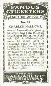 1926 Gallaher Cigarettes Famous Cricketers #54 Charlie Hallows Back