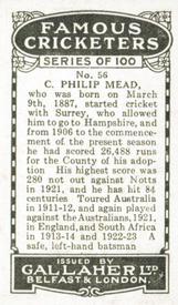 1926 Gallaher Cigarettes Famous Cricketers #56 Phil Mead Back