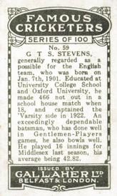 1926 Gallaher Cigarettes Famous Cricketers #59 Greville Stevens Back