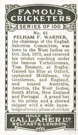 1926 Gallaher Cigarettes Famous Cricketers #61 Pelham Warner Back