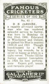 1926 Gallaher Cigarettes Famous Cricketers #62 Douglas Jardine Back